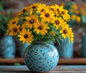 Wazon, Niebieski, Żółte, Bukiet, Kwiaty, Rudbekia