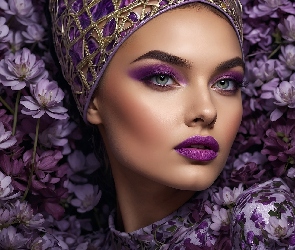 Turban, Kwiaty, Kobieta, Makijaż