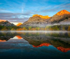 Las, Alberta, Kanada, Drzewa, Góry, Góra, Mgła, Canadian Rockies, Jezioro, Wedge Pond, Mount Kidd, Odbicie
