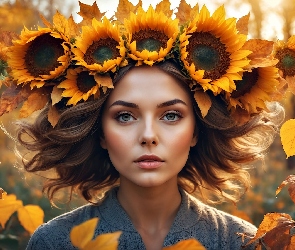 Kwiaty, Grafika, Liście, Słoneczniki, Kobieta