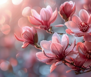 Gałązki, Kwiaty, Różowe, Rozwinięte, Magnolia