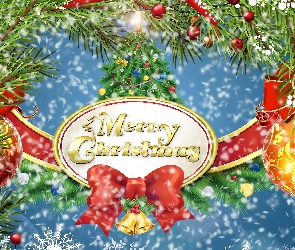 Merry Christmas, Życzenia, Bombki, Boże Narodzenie, Gałązki, Grafika