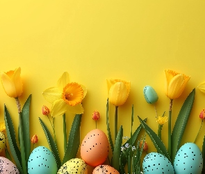 Tło, Żółte, Pisanki, Wielkanoc, Żonkile, Tulipany