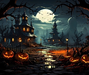 Halloween, Grafika, Drzewa, Dynie, Zamki, Noc