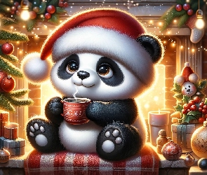 Panda, Mikołaja, Boże Narodzenie, Czapka, Prezenty, Kubek, Bombki, Choinka