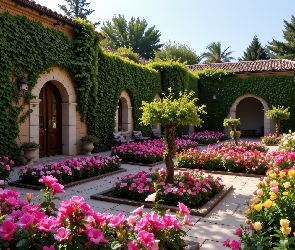 Patio, Kwiaty, Rabaty, Bluszcz, Dom