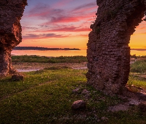 Niebo, Droga, Trawa, Kolorowe, Ruiny, Morze Bałtyckie, Kamienie, Toolse, Estonia, Zamek Zakonny Tolsburg