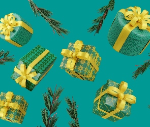 2D, Gałązki, Prezenty, Pudełka, Żółte, Kokardki