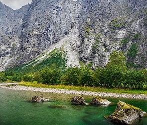 Głazy, Rzeka, Romsdalen, Norwegia, Góry Trolltindene, Drzewa