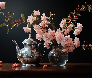 Gałazki, Kompozycja, Imbryk, Wazon, Kwiaty