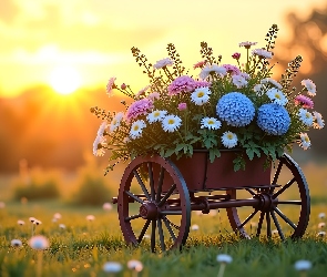 Grafika AI, Trawa, Wózek, Dwukołowy, Kwiaty, Słońce