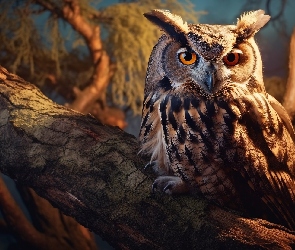 Blask, Noc, Puchacz, Sowa, Drzewo, Konar