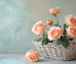Róże, Tło, Koszyk, Różowe, Kwiaty