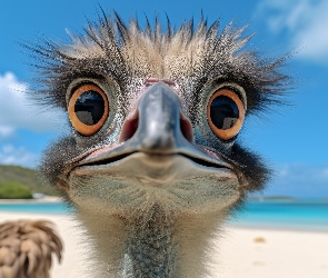 Ptak, Grafika, Ciekawość, Struś, Głowa, Plaża