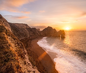 Hrabstwo Dorset, Skała, Anglia, Wybrzeże Jurajskie, Durdle Door, Morze, Wschód słońca, Łuk wapienny