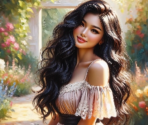 Uśmiech, Grafika, Kwiaty, Ogród, Kobieta