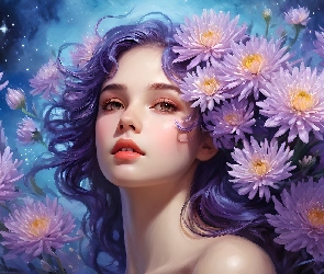 Grafika AI, Astry, Kobieta, Młoda, Kwiaty, Jasnofioletowe