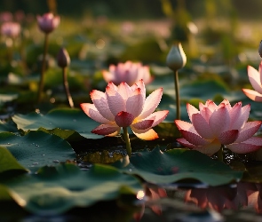 Lotosy, Woda, Listki, Pąki, Kwiat