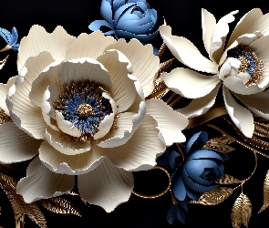 Grafika, Liście, Niebieskie, Białe, Kwiaty, Złote