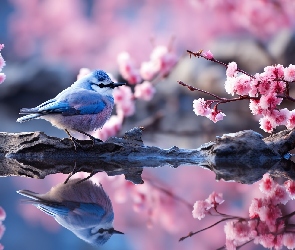 Woda, Kwiaty, Różowe, Odbicie, Ptak