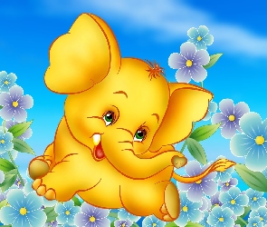 Żółty, Grafika, Niebo, Kwiaty, Słonik