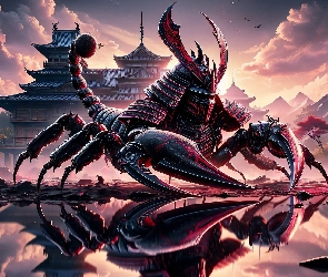 Góry, Dom, Skorpion, Fantasy, Samuraj, Woda