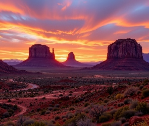 Arizona, Monument Valley, Stany Zjednoczone, Dolina Skał, Zachód słońca, Wyżyna Kolorado, AI, Skały