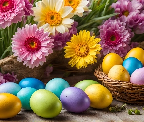 Kolorowe, Kwiaty, Wielkanoc, Gniazdko, Żółte, Pisanki, Różowe, Gerbery