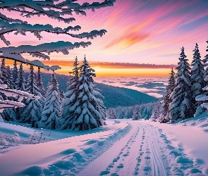Grafika, Zachód słońca, Droga, Zima, Las, Drzewa