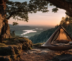 Grafika AI, Rzeka, Skały, Wschód słońca, Drzewa, Hamak