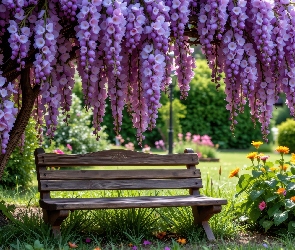 Grafika AI, Drzewo, Kwiaty, Fioletowe, Ławka, Okwiecone