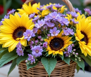 Grafika AI, Koszyk, Słoneczniki, Bukiet, Jasnofioletowe, Kwiaty