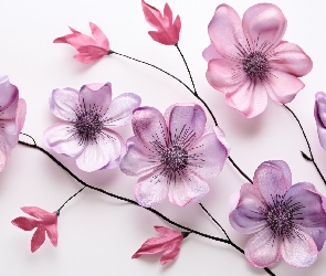 Grafika, Łodygi, Różowe, Fioletowe, Kwiaty, Listki