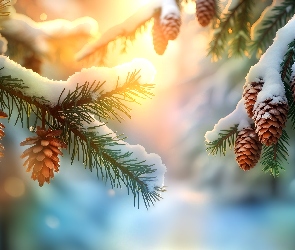 Grafika, Śnieg, Szyszki, Świerk