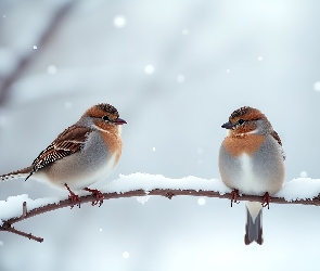 Ptaki, Grafika, Gałązka, Ośnieżona, Dwa
