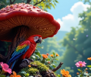 Papuga, Grafika AI, Kwiaty, Ara, Grzyb