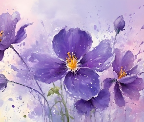 Grafika, Pąki, Fioletowe, Kwiaty