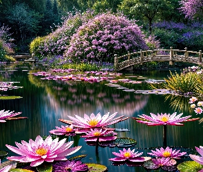 Staw, Grafika, Mostek, Lilie wodne, Ogród