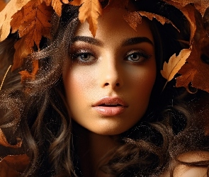 Liście, Żółte, Szatynka, Kobieta, Twarz, Makijaż