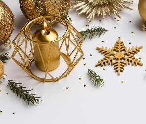 Nowy Rok, Świeca, Gałązki, Bombki, Boże Narodzenie