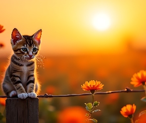 Grafika AI, Zachód słońca, Kot, Kotek, Kołek, Kwiat