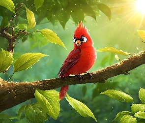 Grafika, Liście, Ptak, Czerwony, Gałąź, Drzewo