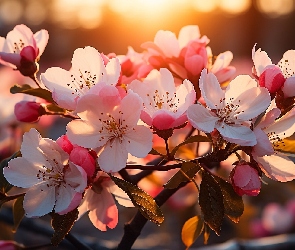 Rozświetlone, Drzewo owocowe, Kwiaty, Różowe, Gałązki