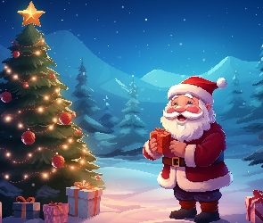 Zima, Prezenty, Bombki, Grafika, Światełka, Choinki, Góry, Śnieg, Boże Narodzenie