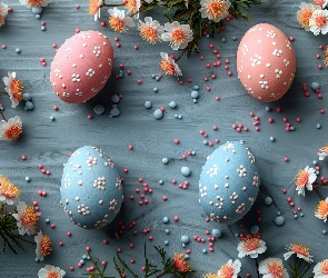 Wielkanoc, Niebieskie, Kwiaty, Kulki, Czerwone, Pomarańczowo-białe, Różowe, Niebieskie, Pisanki
