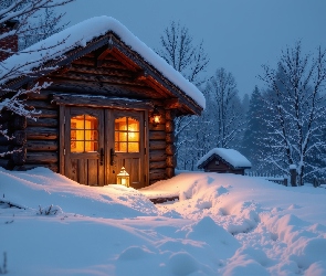 Drzewa, Zaspy, Dom, Las, Śnieg, Zima, Lampa
