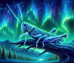 Konar, Drzewa, Konik polny, Grafika AI, Zorza polarna, Góry