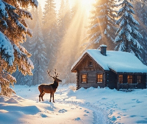 Drzewa, Jeleń, Las, Zima, Ośnieżony, Dom