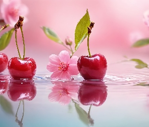 Różowe, Grafika AI, Woda, Kwiaty, Czereśnie