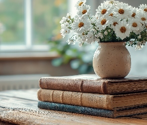 Kwiaty, AI, Wazon, Margerytki, Książki